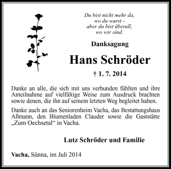 Traueranzeige von Schröder Hans von Südthüringer Presse