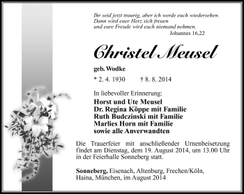 Traueranzeige von Christel Meusel von Südthüringer Presse