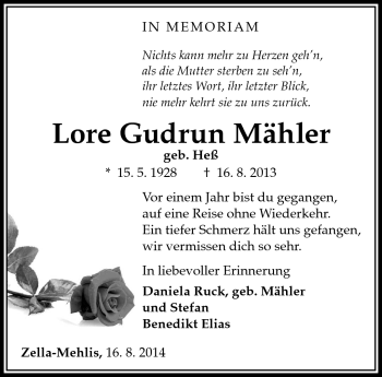 Traueranzeige von Lore Gudrun Mäder von Südthüringer Presse