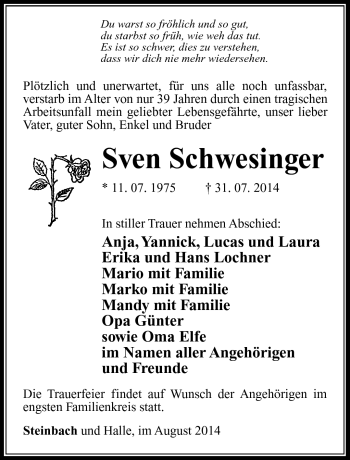 Traueranzeige von Sven Schwesinger von Südthüringer Presse