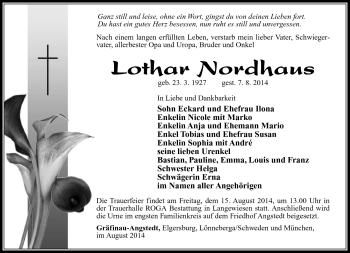Traueranzeige von Lothar Nordhaus von Südthüringer Presse
