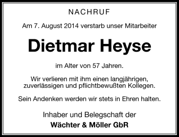 Traueranzeige von Dietmar Heyse von Südthüringer Presse