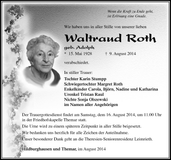 Traueranzeige von Waltraud Roth von Südthüringer Presse