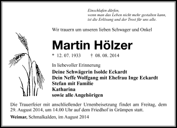 Traueranzeige von Martin Hölzer von Südthüringer Presse