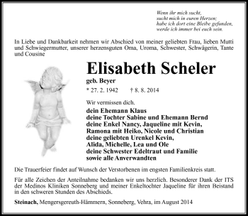 Traueranzeige von Elisabeth Scheler von Südthüringer Presse