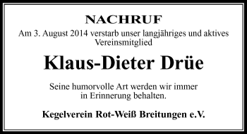 Traueranzeige von Drüe Klaus-Dieter von Südthüringer Presse