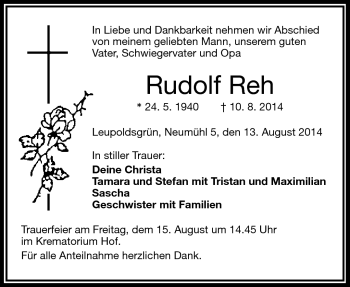 Traueranzeige von Rudolf Reh von Frankenpost