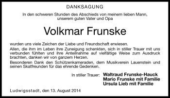 Traueranzeige von Volkmar Frunske von Neue Presse Coburg