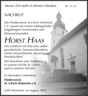 Traueranzeige von Horst Haas von Südthüringer Presse