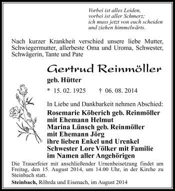 Traueranzeige von gertrud Reinmöller von Südthüringer Presse