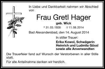 Traueranzeige von Gretl Hager von Frankenpost