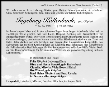 Traueranzeige von Ingeburg Kallenbach von Südthüringer Presse