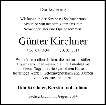 Traueranzeige von Günter Kirchner von Südthüringer Presse
