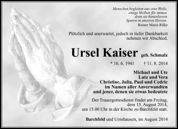 Traueranzeige von Ursel Kaiser von Südthüringer Presse