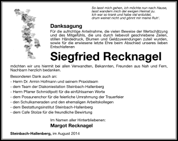 Traueranzeige von Siegfried Recknagel von Südthüringer Presse