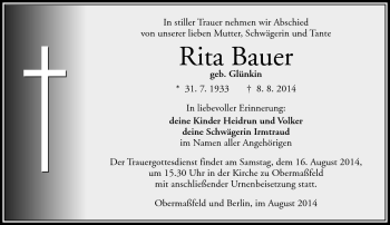 Traueranzeige von Rita Bauer von Südthüringer Presse