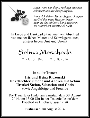 Traueranzeige von Selma Meschede von Südthüringer Presse