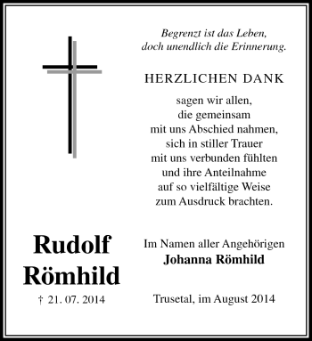 Traueranzeige von Rudolf Römhild von Südthüringer Presse