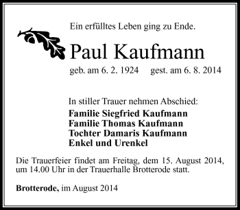 Traueranzeige von Paul Kaufmann von Südthüringer Presse