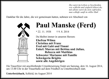 Traueranzeige von Paul Manske von Südthüringer Presse