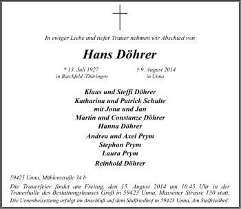 Traueranzeige von Hans Döhrer von Südthüringer Presse