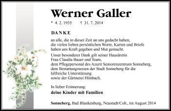 Traueranzeige von Werner Galler von Südthüringer Presse