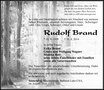 Traueranzeige von Rudolf Brand von Südthüringer Presse