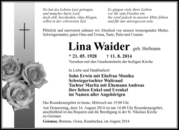 Traueranzeige von Lina Waider von Südthüringer Presse