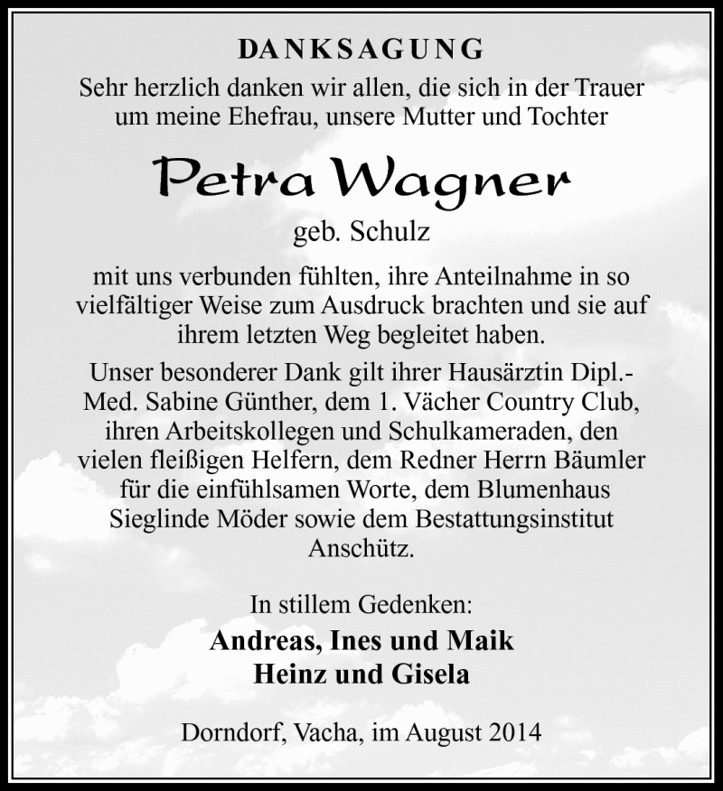  Traueranzeige für Petra Wagner vom 16.08.2014 aus Südthüringer Presse