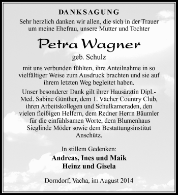 Traueranzeige von Petra Wagner von Südthüringer Presse