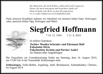 Traueranzeige von Siegfried Hoffmann von Südthüringer Presse