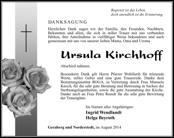 Traueranzeige von Ursula Kirchhoff von Südthüringer Presse