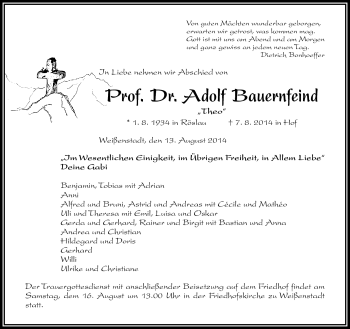 Traueranzeige von Adolf Bauernfeind von Frankenpost
