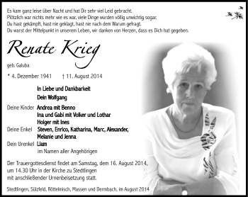 Traueranzeige von Renate Krieg von Südthüringer Presse