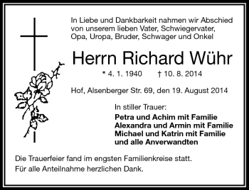 Traueranzeige von Richard Wühr von Frankenpost