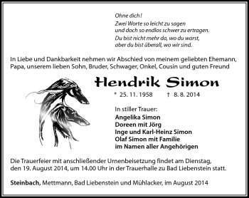 Traueranzeige von hendrik Simon von Südthüringer Presse