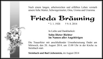 Traueranzeige von Frieda Bräuning von Südthüringer Presse