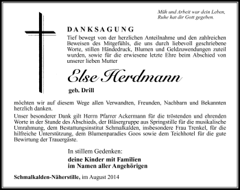 Traueranzeige von Else Herdmann von Südthüringer Presse