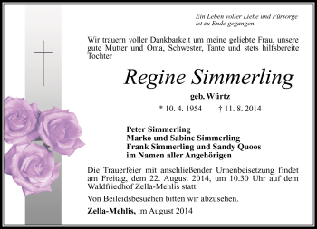 Traueranzeige von Regine Simmerling von Südthüringer Presse