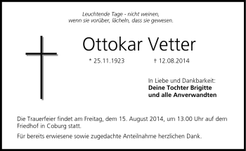 Traueranzeige von Ottokar Vetter von Neue Presse Coburg