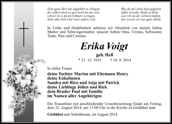 Traueranzeige von Erika Voigt von Südthüringer Presse