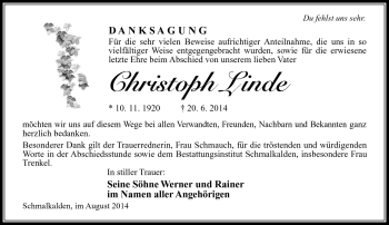 Traueranzeige von Christoph Linde von Südthüringer Presse