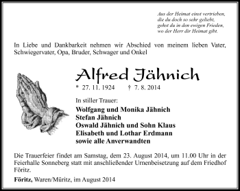 Traueranzeige von Alfred Jänisch von Südthüringer Presse