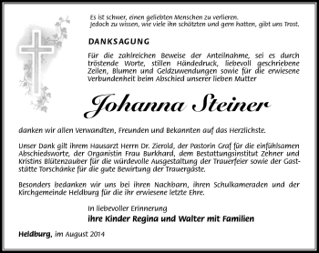Traueranzeige von Johanna Steiner von Südthüringer Presse
