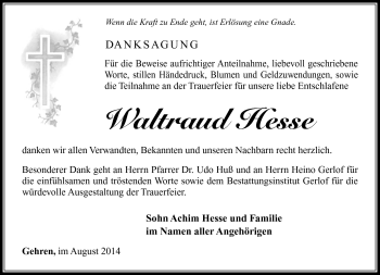 Traueranzeige von Waltraud Hesse von Südthüringer Presse
