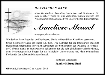 Traueranzeige von Anneliese Meusel von Südthüringer Presse
