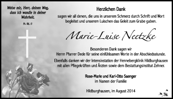 Traueranzeige von Neetzke Marie-Luise von Südthüringer Presse