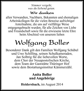 Traueranzeige von Wolfgang Boller von Südthüringer Presse