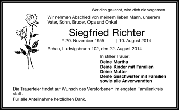 Traueranzeige von Siegfried Richter von Frankenpost