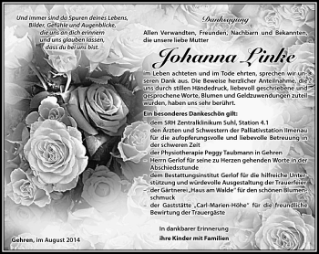 Traueranzeige von Johanna Linke von Südthüringer Presse